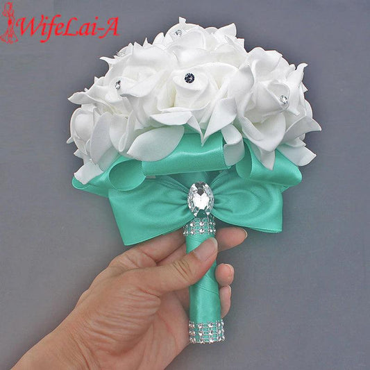 Elegant Baby Blue PE Rose Wedding Bouquet with Diamond Ribbon - Perfect for Prom & Bridal | W2017D