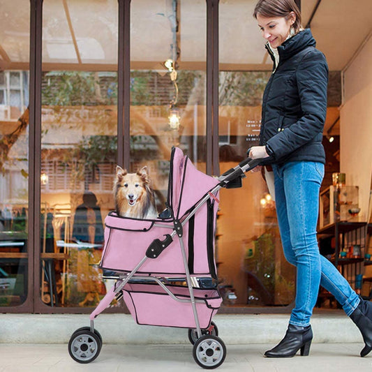 3-Wheel Folding Pet Stroller for Dogs & Cats - Waterproof, with Cup Holder & Removable Liner, Pink