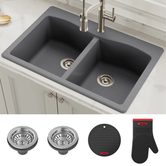 Forteza 33" Dual Mount 50/50 Double Bowl Granite Kitchen Sink in Grey