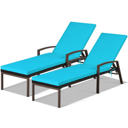 2-Piece Patio Rattan Reclining Chaise Lounge Chair Set with Cushions and Armrests