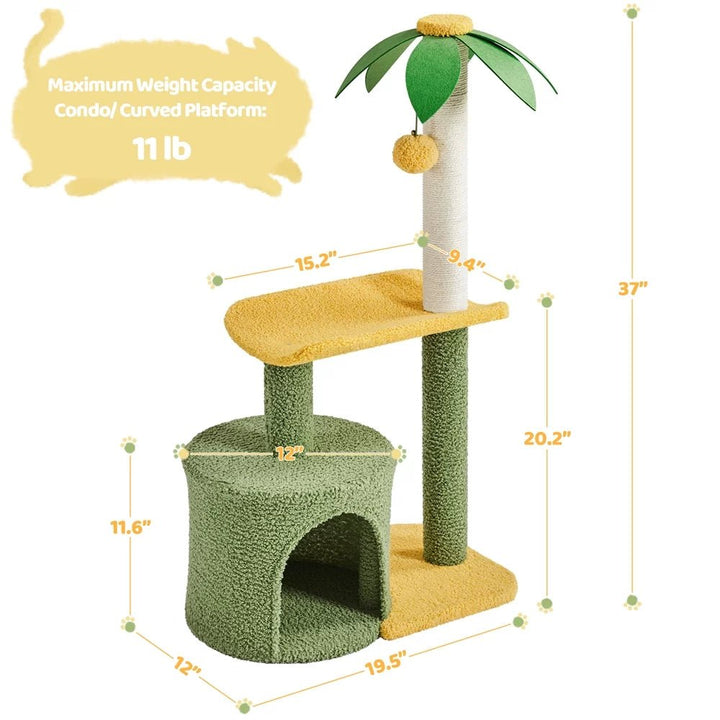 37 - Inch Tall Coconut Palm Cat Tree with Sisal Rope & Plush Platform - ChillShop