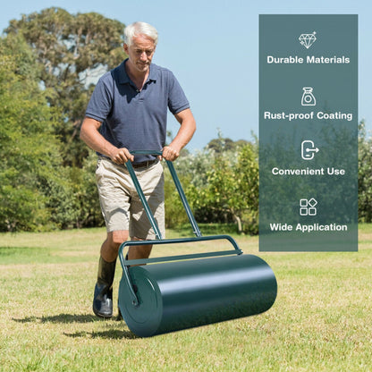 24 x 13 Inch Tow Lawn Roller - Water Filled Metal Push Roller (Green)