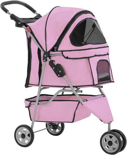 3-Wheel Folding Pet Stroller for Dogs & Cats - Waterproof, with Cup Holder & Removable Liner, Pink