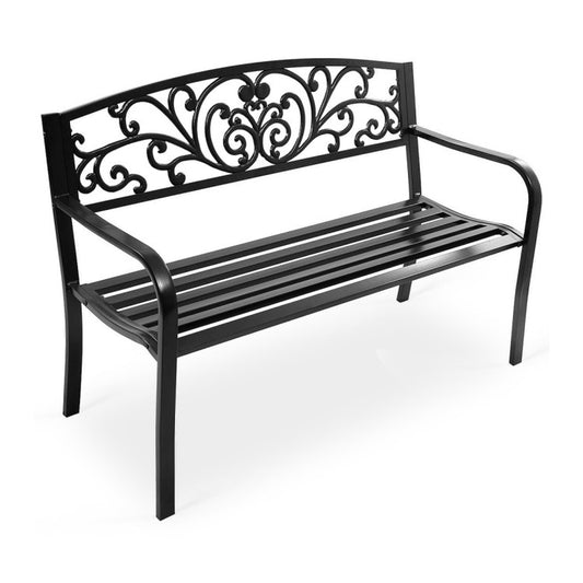 50 Inch Patio Park Bench with Steel Frame and Cast Iron Floral Backrest