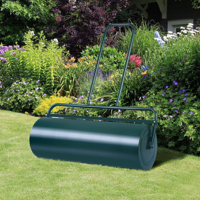 24 x 13 Inch Tow Lawn Roller - Water Filled Metal Push Roller (Green)