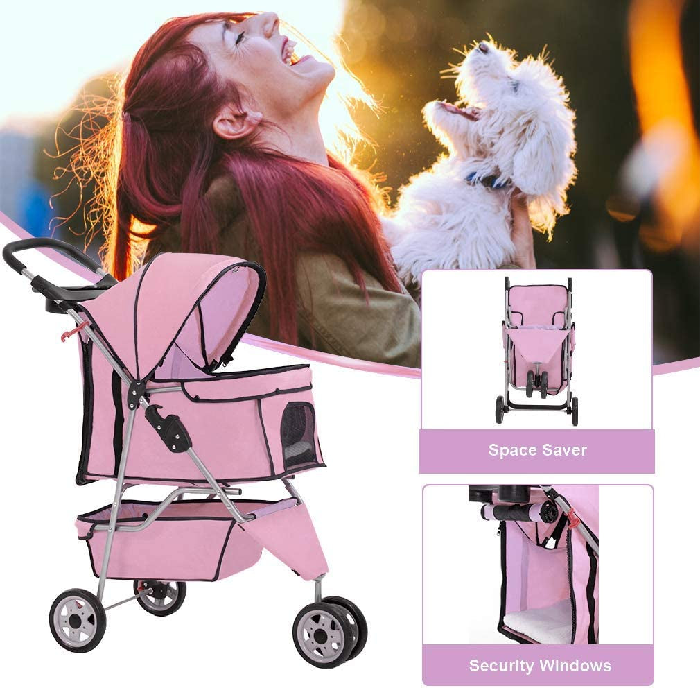 3-Wheel Folding Pet Stroller for Dogs & Cats - Waterproof, with Cup Holder & Removable Liner, Pink