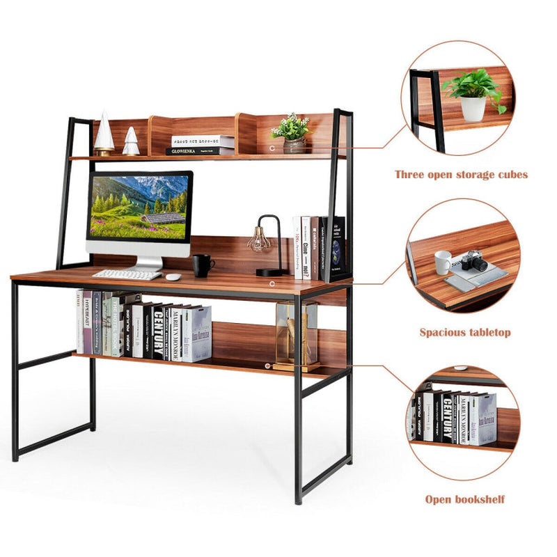 47 Inch Computer Desk with Open Storage and Bottom Bookshelf