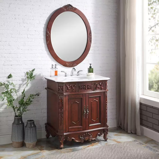 Elegant Winslow Antique Cherry Bath Vanity: 33"W x 22"D x 35"H with Sleek White Porcelain Top - Perfect Single Sink Freestanding Unit