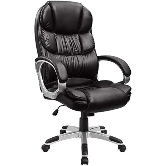 Ergonomic Leather High Back Office Chair - Lumbar Support, Padded Arms, Swivel Desk Chair