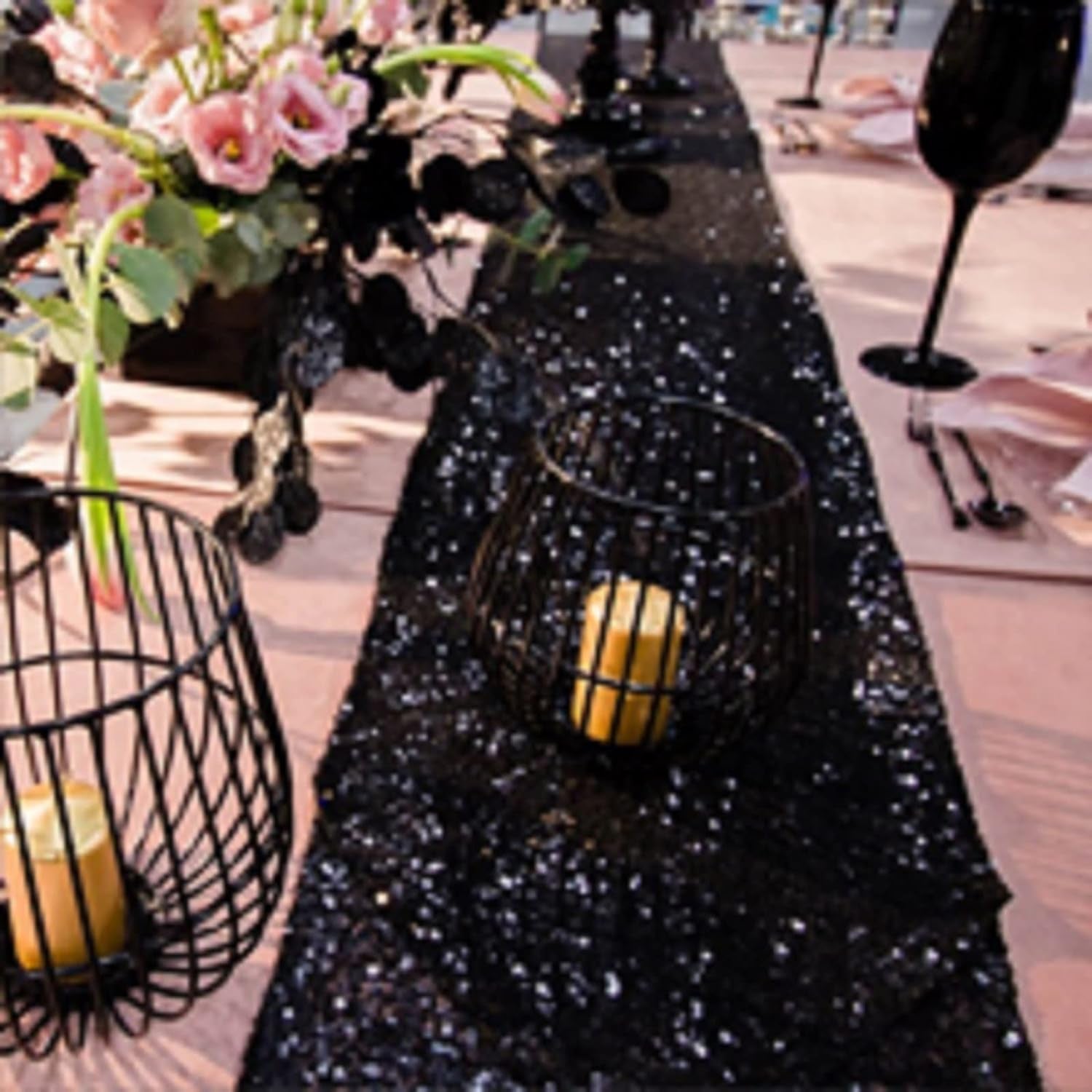 Sparkly Black Sequin Table Runner 12" x 72" - Glamorous Glitter Table Linens for Weddings & Birthday Party Decor