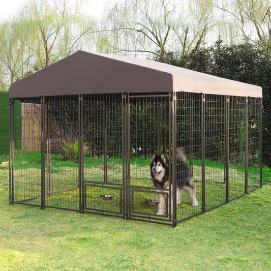 10 Ft. X 10 Ft. Dog Kennel Outdoor Dog Enclosure with Rotating Feeding Door, Stainless Bowls and Upgraded Polyester Roof