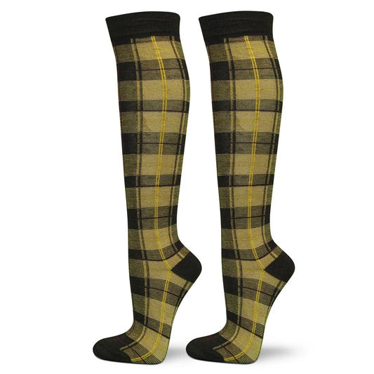 Women's Cotton Knee High Socks - Tartan Plaid Fashion Socks, Tan