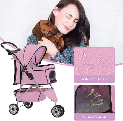 3-Wheel Folding Pet Stroller for Dogs & Cats - Waterproof, with Cup Holder & Removable Liner, Pink