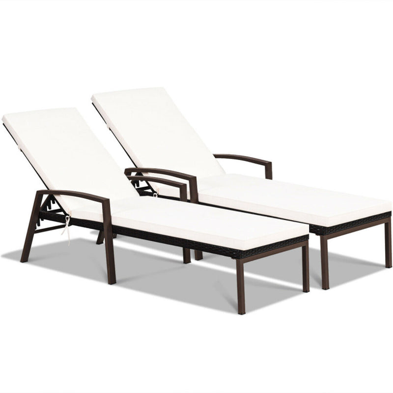 2-Piece Patio Rattan Reclining Chaise Lounge Chair Set with Cushions and Armrests