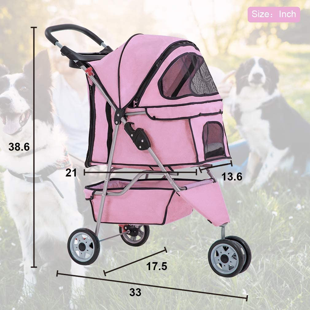 3-Wheel Folding Pet Stroller for Dogs & Cats - Waterproof, with Cup Holder & Removable Liner, Pink