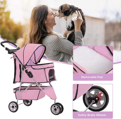 3-Wheel Folding Pet Stroller for Dogs & Cats - Waterproof, with Cup Holder & Removable Liner, Pink