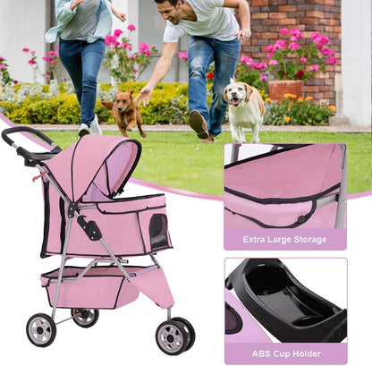 3-Wheel Folding Pet Stroller for Dogs & Cats - Waterproof, with Cup Holder & Removable Liner, Pink