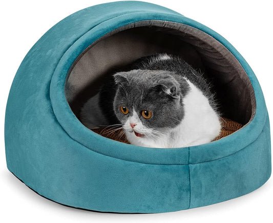 Cozy Cat Cave Bed with Removable Pillow and Summer Mat - Stylish Cat House for Indoor Cats, Blue, 16.9X16.3X12.7 Inches