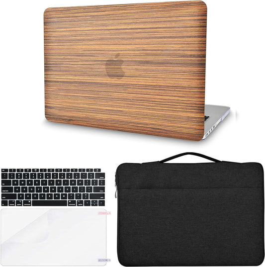 Premium MacBook Pro 13" Case Set - Italian Leather Hard Shell + Keyboard Cover + Sleeve Bag + Screen Protector (Wood Leather 2)