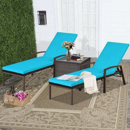 2-Piece Patio Rattan Reclining Chaise Lounge Chair Set with Cushions and Armrests