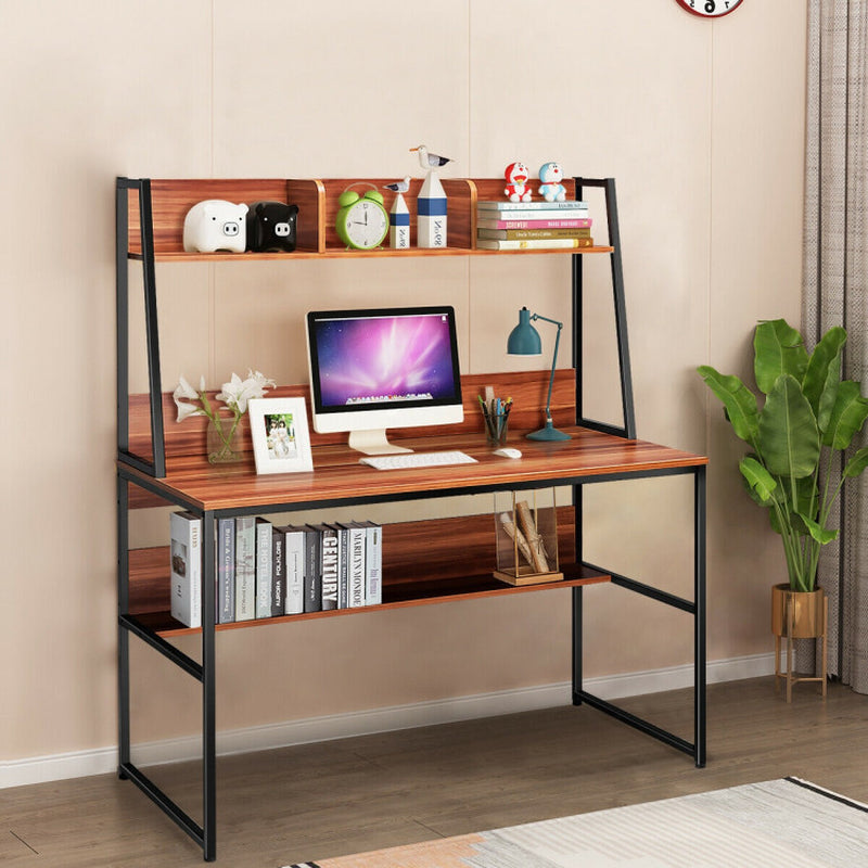 47 Inch Computer Desk with Open Storage and Bottom Bookshelf