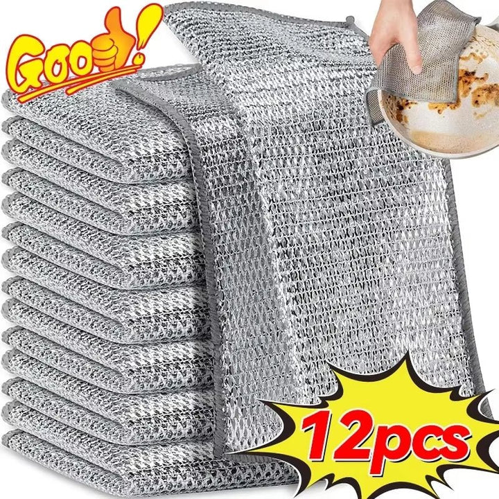 Eco - Friendly Magic Dishcloths 🧽 - Double/Single Layer Silver Wire Kitchen Cleaning Cloths (1/3/5/12pcs) - ChillShop