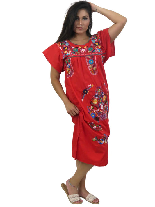 Mexican Puebla Dress - Medium, Red - Hand Embroidered Floral Design