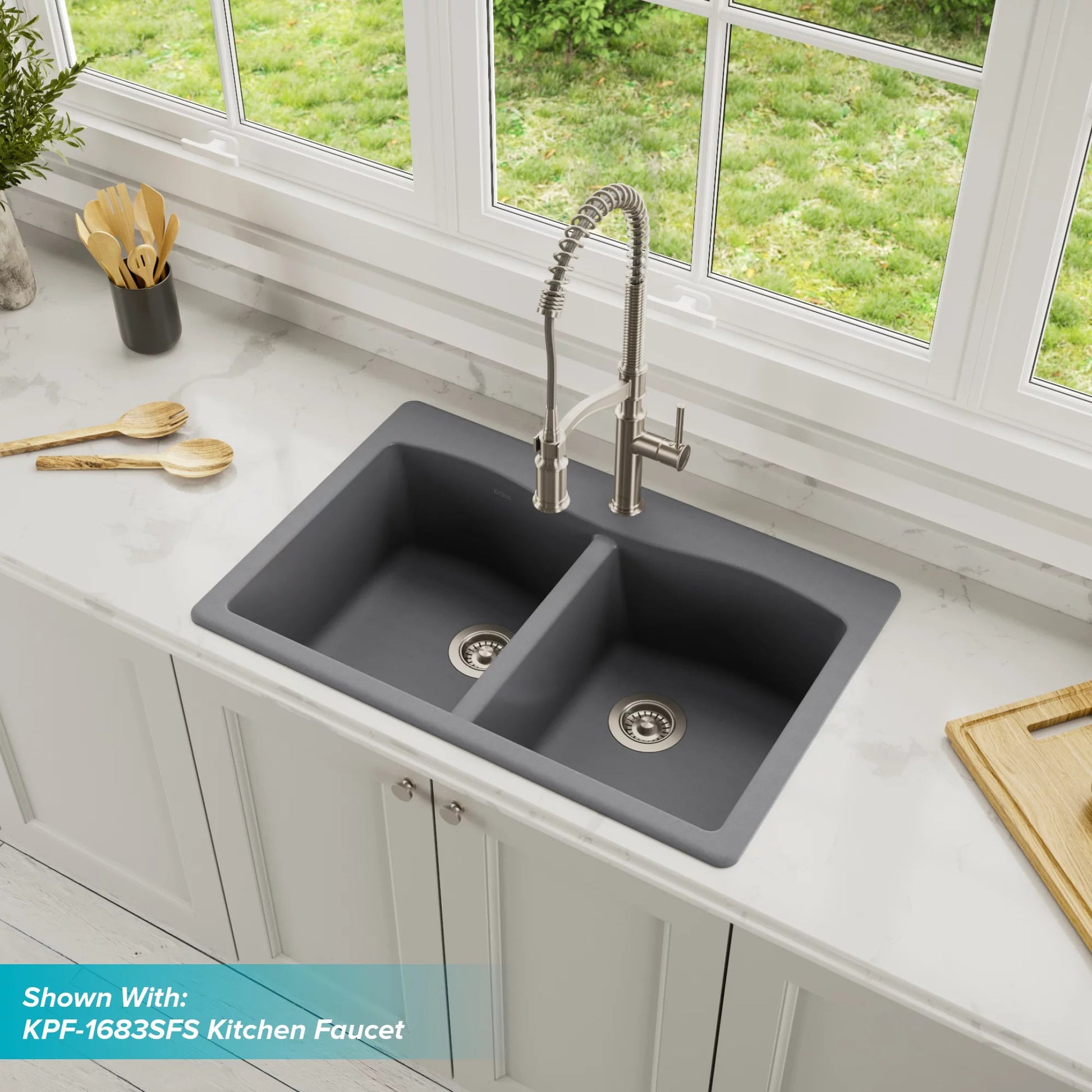 Granite Kitchen Sink in Grey – Durable Double Bowl Forteza 33 - Inch - ChillShop