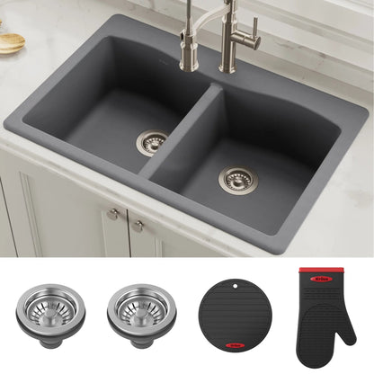 Granite Kitchen Sink in Grey – Durable Double Bowl Forteza 33 - Inch - ChillShop