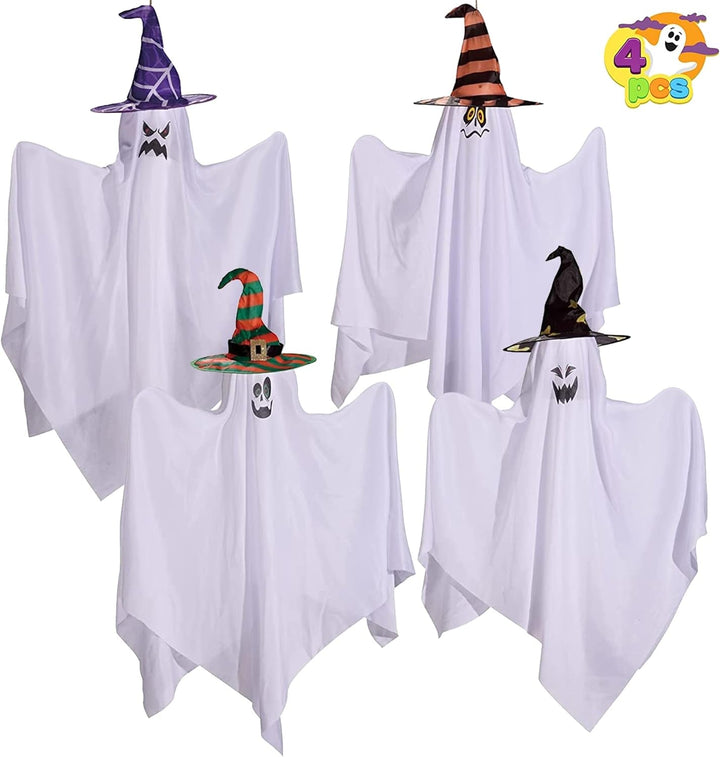 Halloween Hanging Ghosts – Set of 4 Cute & Spooky Decorations with Witch Hats - ChillShop