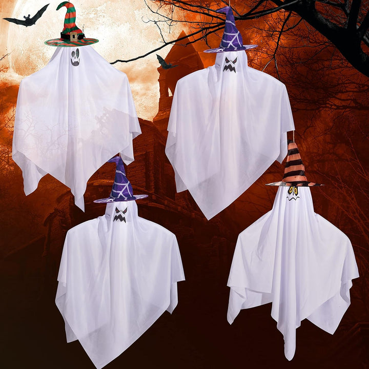 Halloween Hanging Ghosts – Set of 4 Cute & Spooky Decorations with Witch Hats - ChillShop