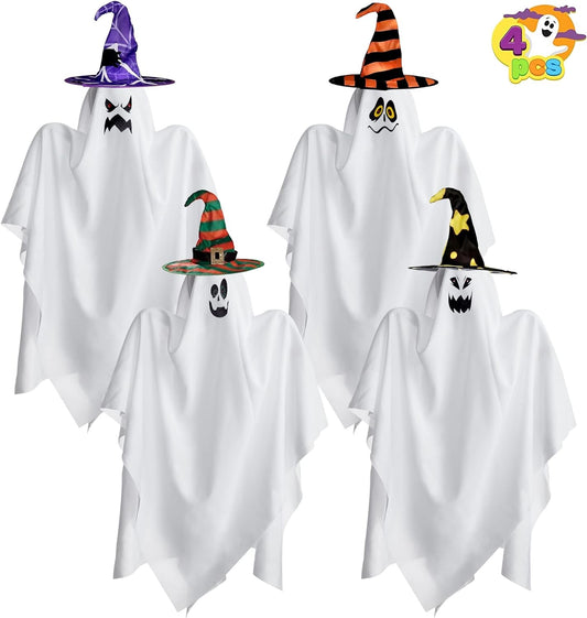 Halloween Hanging Ghosts – Set of 4 Cute & Spooky Decorations with Witch Hats - ChillShop