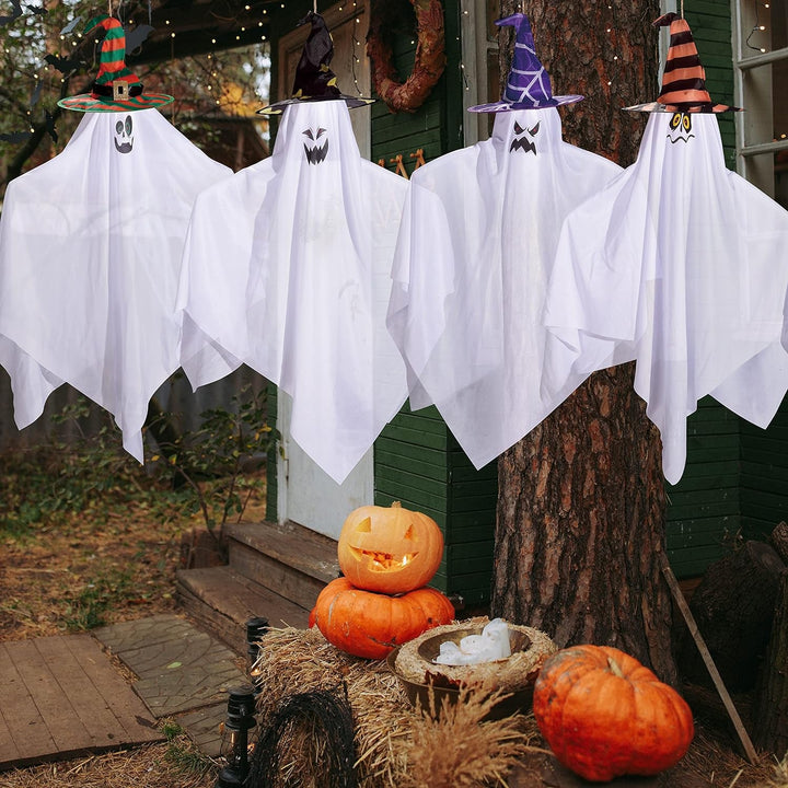 Halloween Hanging Ghosts – Set of 4 Cute & Spooky Decorations with Witch Hats - ChillShop