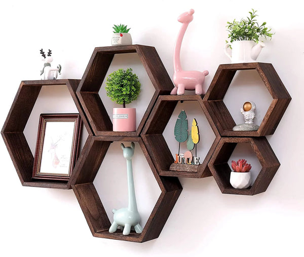 Hexagon Floating Shelves Set – Rustic Wall - Mounted Storage & Display Shelves - ChillShop