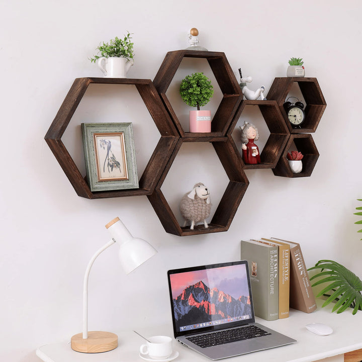 Hexagon Floating Shelves Set – Rustic Wall - Mounted Storage & Display Shelves - ChillShop