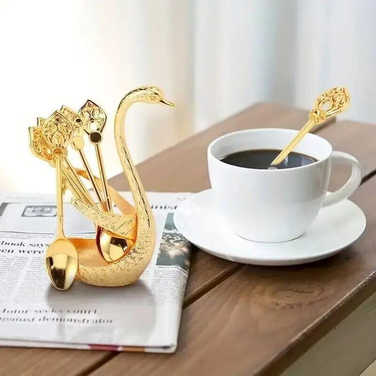 Swan-Themed 7-Piece Stainless Steel Serving Set: Includes Elegant Holder & 6 Spoons for Desserts and Drinks ChillShop 